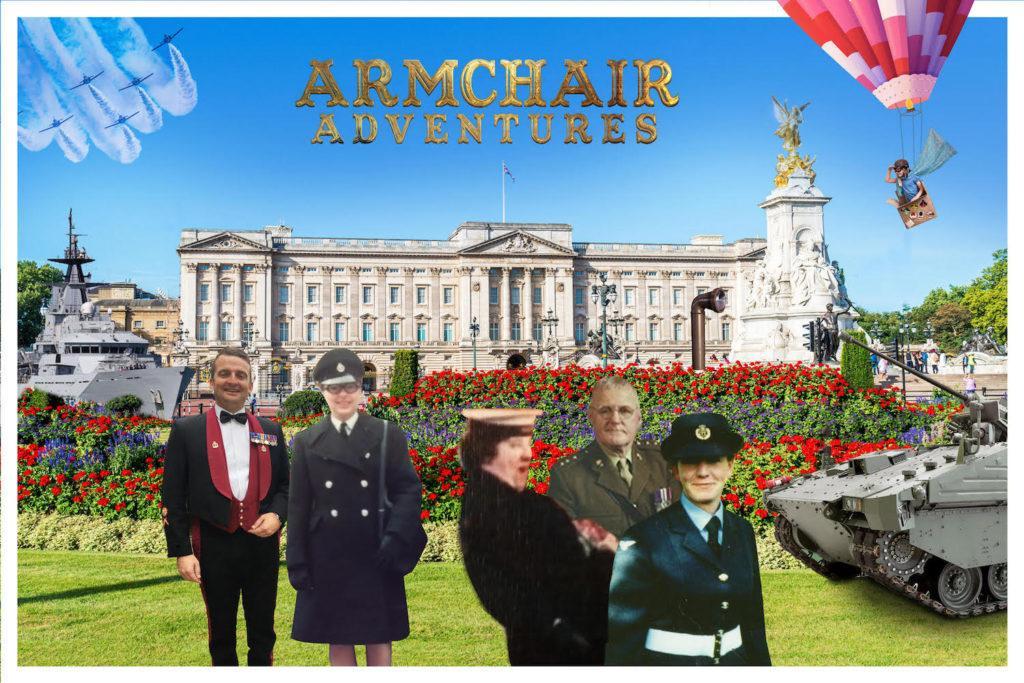 Armchair Adventures logo above Buckingham Palace, surrounded by fighter jets, tanks, submarines, and our very own vets!