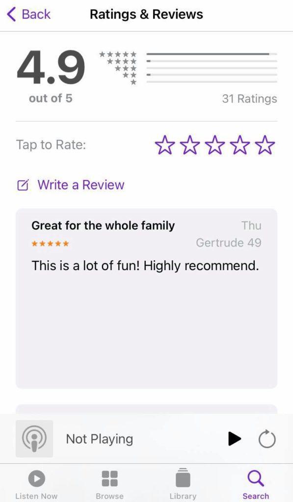 Ratings and review page on Apple Podcasts