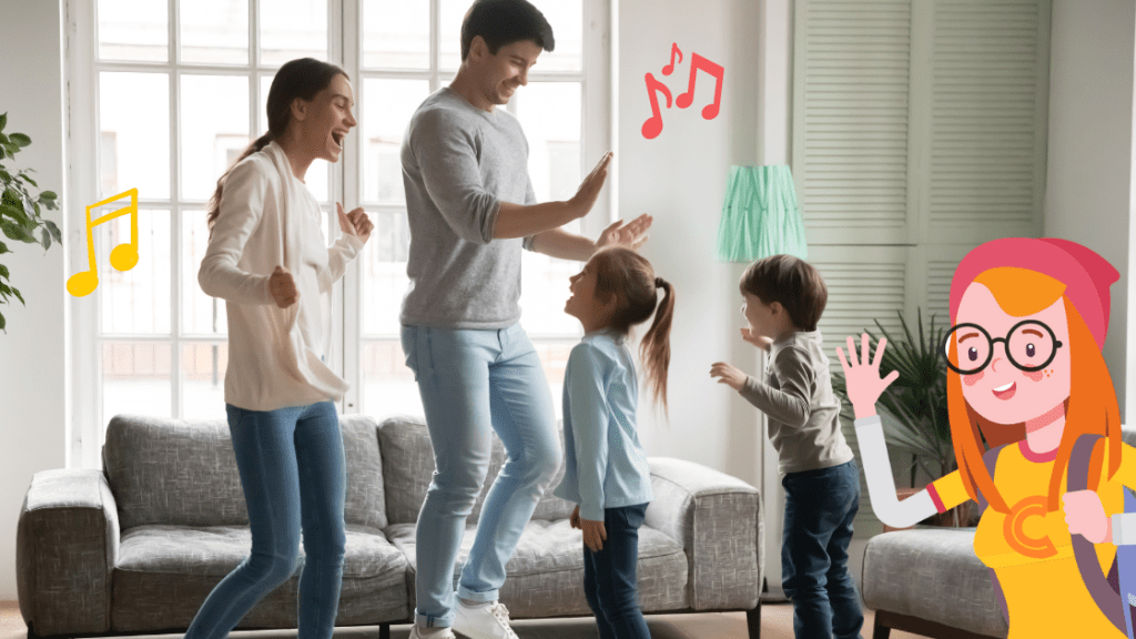 A mother and father are dancing with there little girl and boy. Connie, a clip art character dressed in a yellow tshirt and red beanie is waving,