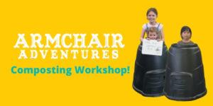 Armchair Adventures Composting Workshops two children holding whiteboards whilst standing in a black compost bin